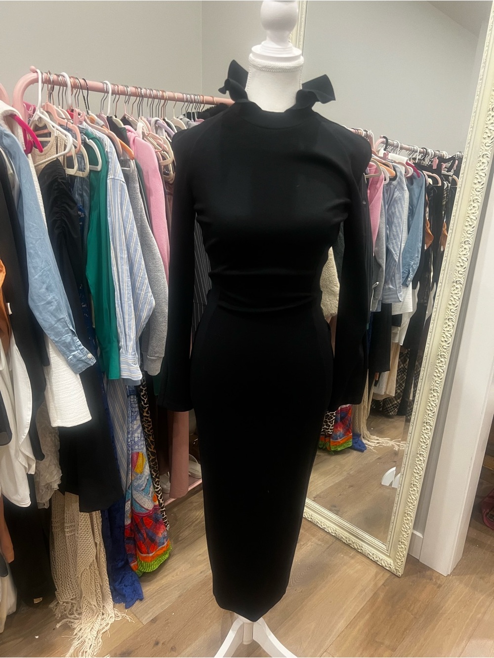 Antonio Berardi Black Long-Sleeve Midi Dress with Statemenr Bow back Detail